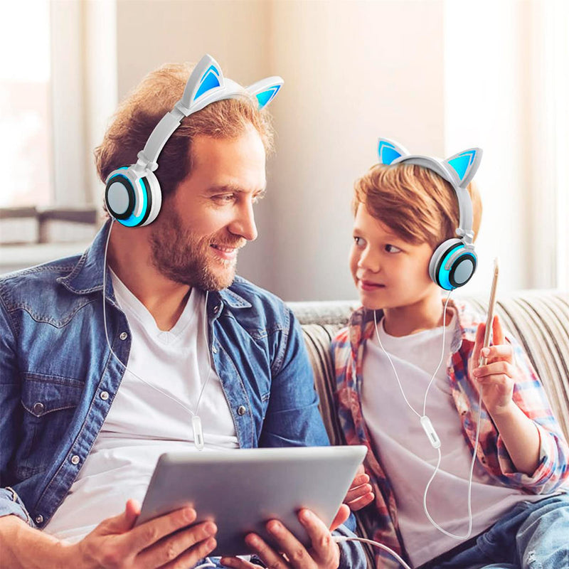 Olyre Kids Headphones Wired with Cat Ear,Safe Volume Foldable Adjustable Flashing LED On Ear Headphones with Mic,Tangle-Free 3.5mm Plug Compatible Smartphones Computer Kindle Tablet for School Travel White