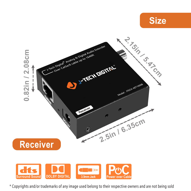 Analog & Digital Audio Extender Converter Over Single Cat5e/6 (PoC) up to 1640 FT | 3.5mm + Optical SPDIF + Coaxial by J-Tech Digital [JTECH-AET1000B]