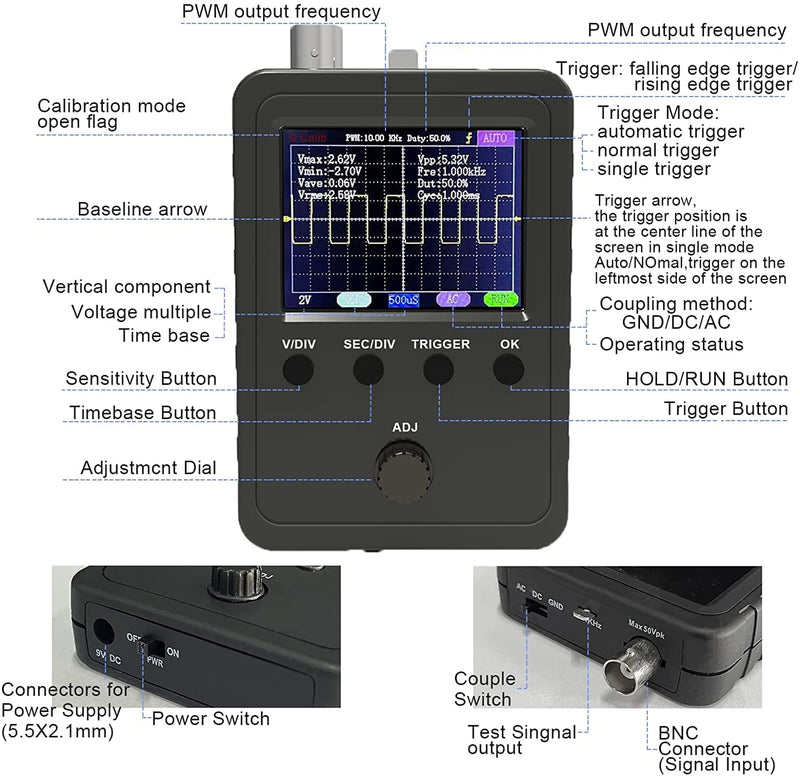 ETEPON Digital Oscilloscope Kit with BNC-Clip Cable Probe with Power Supply, (Assembled Finished Machine) EM001 Black-1