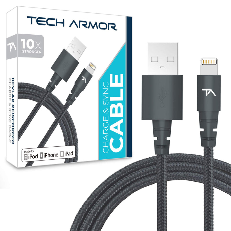 Tech Armor Apple MFi Certified Lightning to USB Sync/Charge Cable Compatible with iPhone or iPad, Made with Kevlar, Tough-Braided Extra-Strong Jacket (Space Gray, 6 Feet) Space Gray Lightning 6 ft