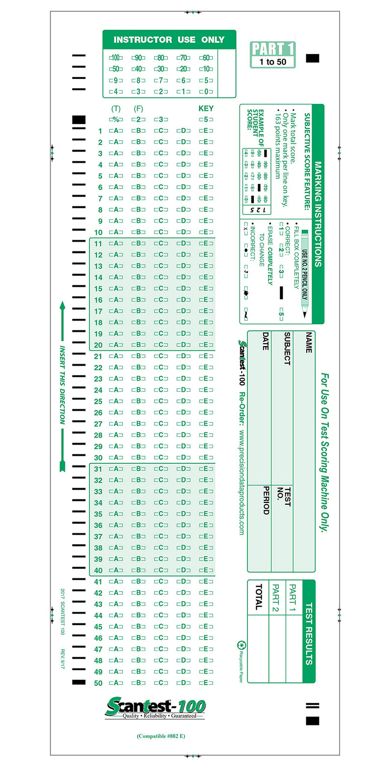 SCANTEST-100, 882 E Compatible Testing Forms (50 Sheet Pack)