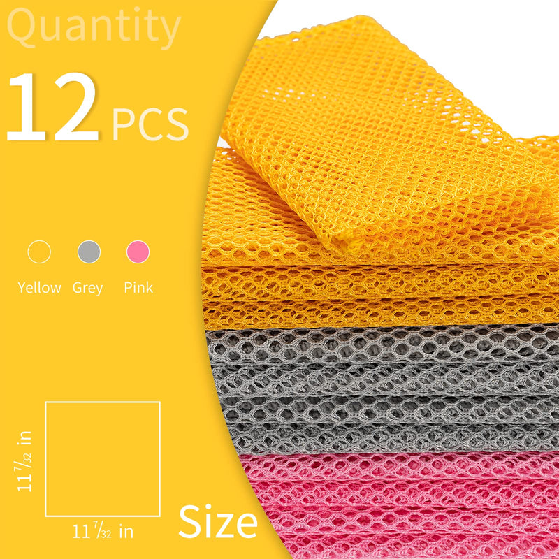 12Pcs Dish Wash Net,Innovative Mesh Cloth,Ultra Durable Non-Scratch Dish Rags for Washing Dishes,100% Odor Free / Quick Dry,Perfect Scrubber,Dish Sponges for Washing Dishes Yellow/Pink/Gray