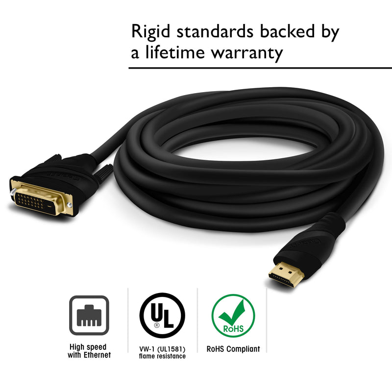 15 Ft HDMI to DVI Cable, GearIT HDMI to DVI 15 FT High Resolution 1080P CL2 Rated High Speed Bi-Directional HDMI to DVI Cable, Black 15 Feet