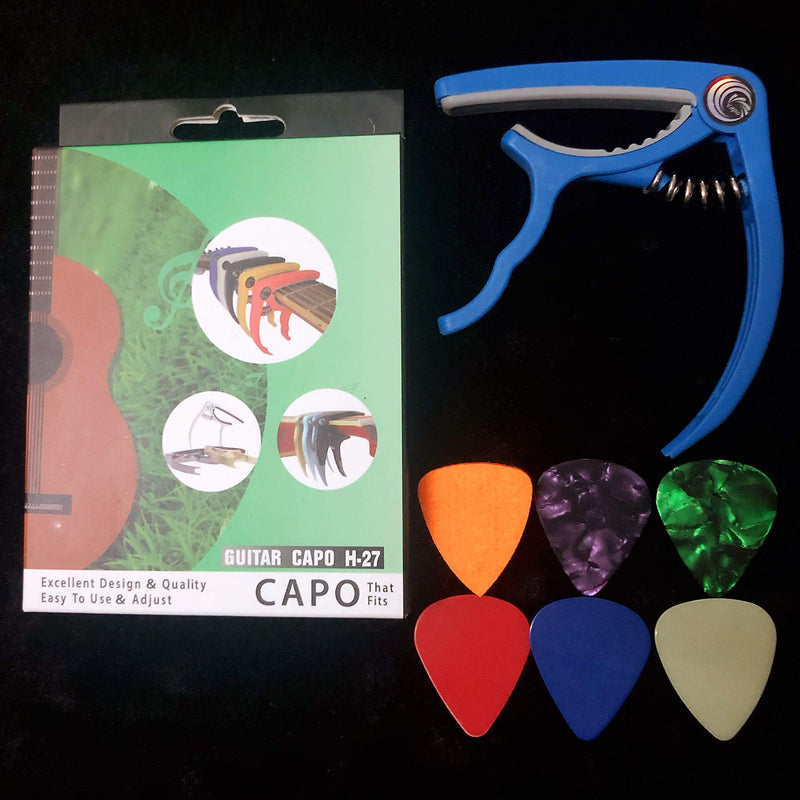 Ukulele Capo & 6 Guitar Picks For Electric Acoustic Classical Bass Guitars Banjo Ukelele Banjolele (Blue)