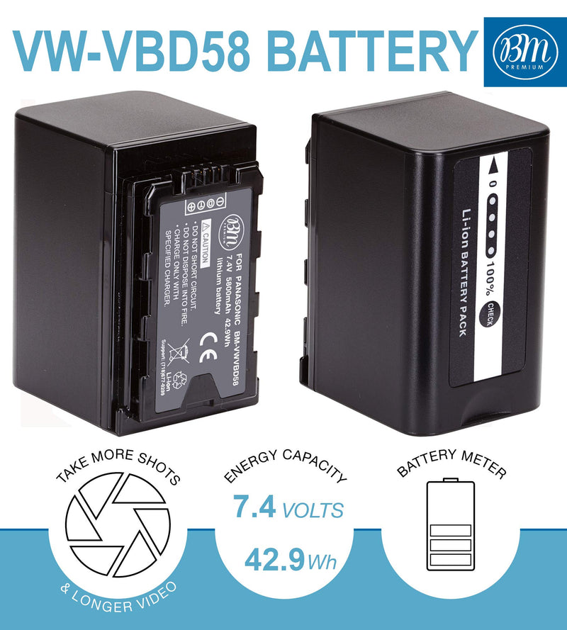 BM Premium 2 VW-VBD58 Batteries and Charger for Panasonic AG-VBR59, BGH1, HC-X1, HC-X1500, HC-X2000, AG-CX10, AG-CX350, AG-UX180, AG-AC30, AG-UX90, AG-DVX200, HC-MDH3E, AJ-PX270, AJ-PX230 Camcorders