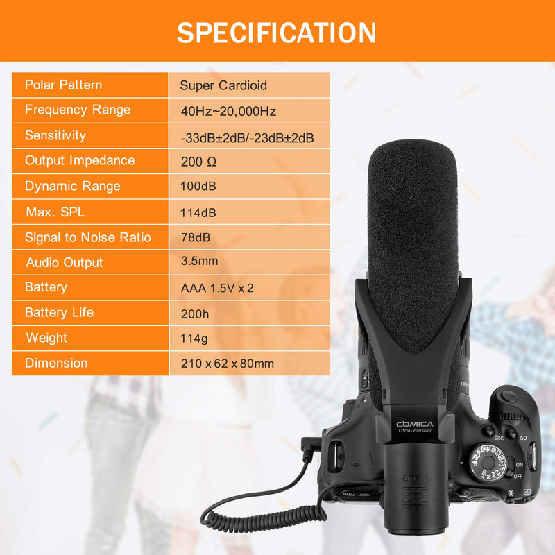 Camera Microphone, Comica CVMV30PRO Professional Super Cardioid Video Recording Microphone with Wind Muff, Shotgun Microphone for Canon Nikon Sony DSLR Cameras,Camcorder(3.5mm TRS Interface)