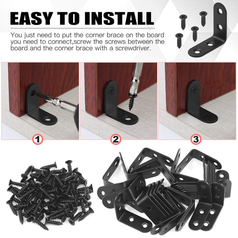Hilitchi Stainless Steel Black L Bracket Corner Brace 90 Degree Right Angle Brackets Sets with Screws Corner Fastener for Shelves Steel Joints Support (40mm, 20 Pack) 40MM