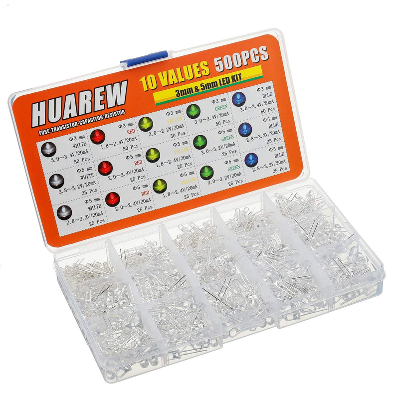 HUAREW 10 Values 500 Pcs LED Light-Emitting diode 3mm & 5mm with White, red, Yellow, Green, Blue 5 Color Classification kit