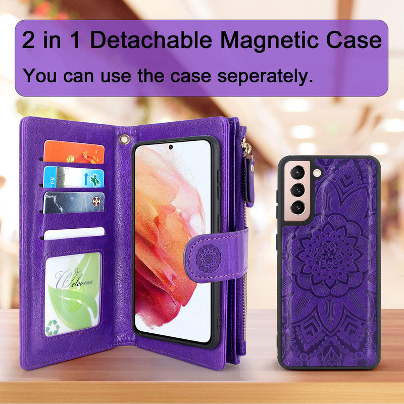 [AUSTRALIA] - Harryshell Detachable Magnetic Zipper Wallet Leather Case Cash Pocket with 12 Card Slots Holder Wrist Strap for Samsung Galaxy S21+ S21 Plus 5G 6.7 Inch (2021) G996U Floral Flower (Purple) Purple 