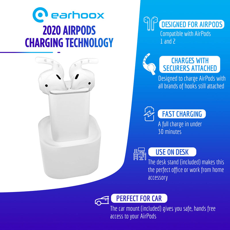 Earhoox AirPod Charging Stand - Charger Dock for AirPods 1 & 2 - Topless Docking Station with Car Mount & Desk Stand - Portable Pro Apple Wireless Air Pods Holder - Charges Air Pods w/Earhooks On