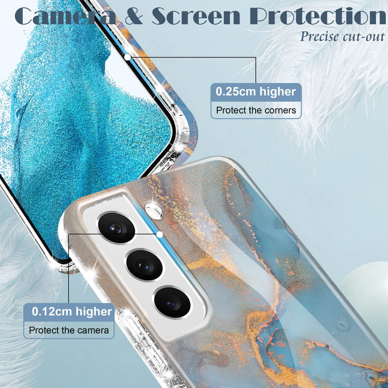 Seltureone Compatible with Samsung Galaxy S22 Case, Glossy Soft Glitter Marble TPU Shockproof Bumper Scratch-Proof Skin Phone Cover, Blue Ocean Gold