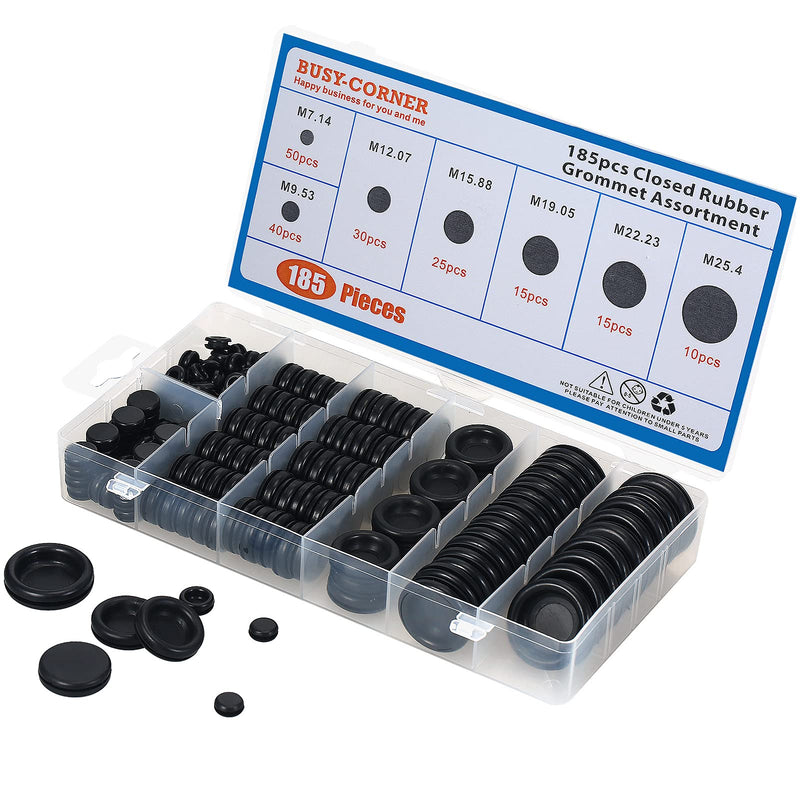 BUSY-CORNER 185 Pieces Closed Rubber Grommet Assortment, 7 Sizes, Firewall Solid Closed Hole Plug for Wire Electrical Appliance Plumbing 185PCS Closed Rubber Grommet Kit