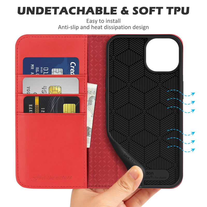 [AUSTRALIA] - SHIELDON Case for iPhone 13, Genuine Leather iPhone 13 Folio Wallet Magnetic Shock Absorbing Case RFID Blocking Credit Card Holder Kickstand Compatible with iPhone 13 5G (6.1-inch) - Red 