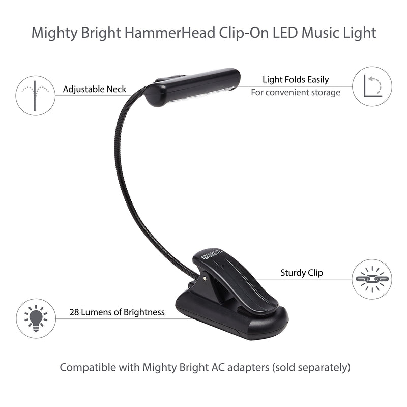 The Original Mighty Bright HammerHead Clip On Music Stand Light, 6 Bright White LEDs, Flexible, Durable, 2 Brightness Settings, Includes Gig Bag, Battery Life of 15 Hours or Powered by AC Adapter