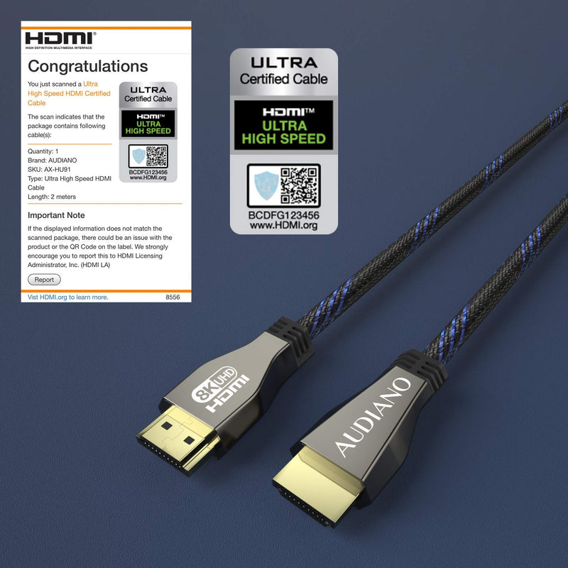 8K HDMI Cable, AUDIANO HDMI 2.1 48Gbps High Speed Nylon Braided HDMI Cord with eARC HDR10, 4K HDMI Cable Compatible with Apple Fire LG/Samsung QLED TV PS4/5 Switch Xbox/Blu-ray/Projector-3.3ft/1M 3.3ft/1M