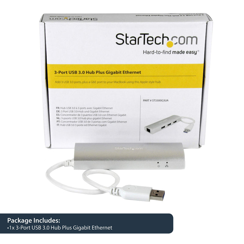 StarTech.com 3-Port USB 3.0 Hub with Gigabit Ethernet - Up to 5Gbps - Portable USB Port Expander with Built-in Cable (ST3300G3UA) Silver w/ 3 USB Ports