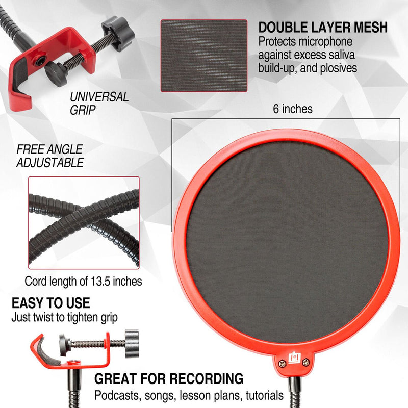 [AUSTRALIA] - Deco Gear Universal Double Layer Pop Filter Microphone Wind Screen with Adjustable Goose Neck Mic Stand Clip (Black with Red Trim) 