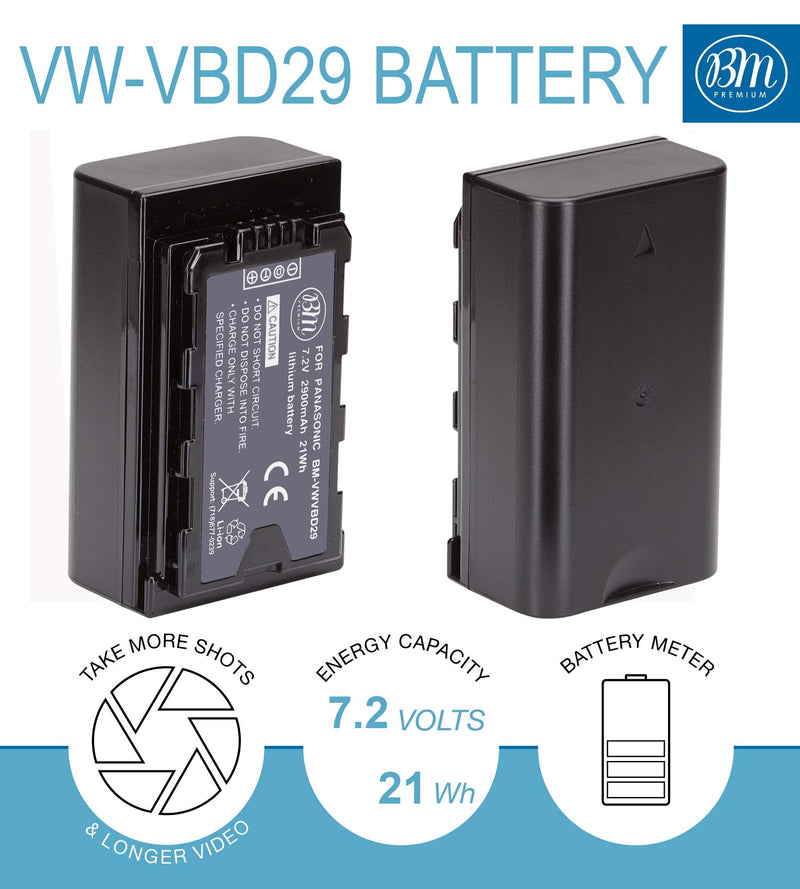 BM Premium VW-VBD29 Battery and Charger for Panasonic AG-3DA1 AG-AC8 AG-DVC30 AG-DVX200MC AG-HPX171 AG-HPX250 AG-HPX255 AG-HVX201 AJ-PCS060 AJ-PX270 AJ-PX298 HC-MDH2 HC-X1000 HDC-Z10000 Camcorders