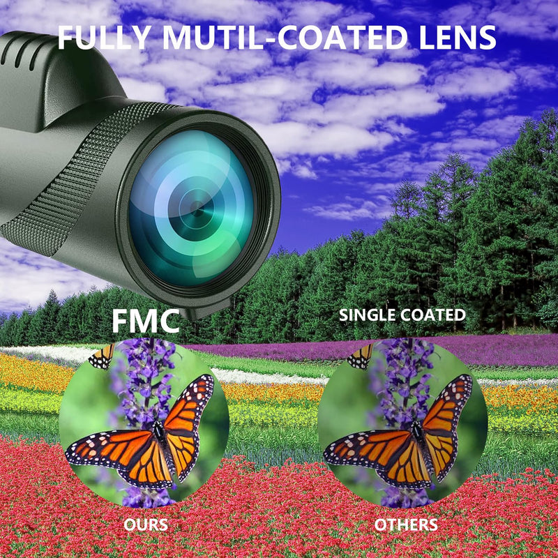 80x100 Monocular Telescope High Powered Monoculars for Adults Compact Monocular for Smartphone Adapter, Handheld Telescope with Tripod for Bird Watching Hunting Camping Travel Green-mm