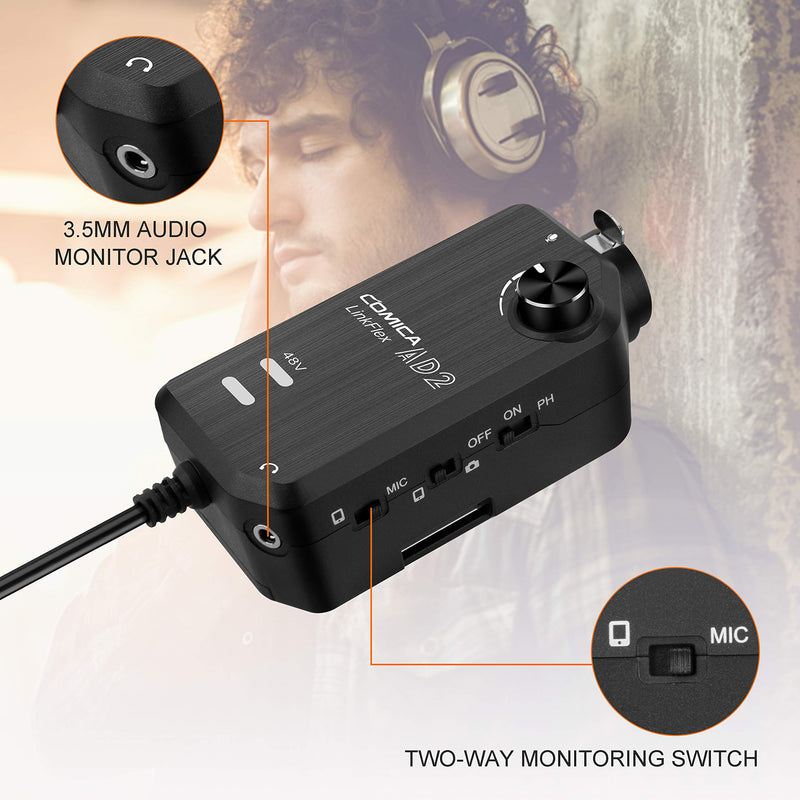 [AUSTRALIA] - Comica LINKFLEX AD2 XLR/ 6.35mm Audio Preamp Adapter, with 48V Phantom Power, Real Time Monitor, Guitar Interface Microphone Preamp for iPhone, iOS, Android, Tablet and DSLR Cameras CVM-LINFLEX.AD2 