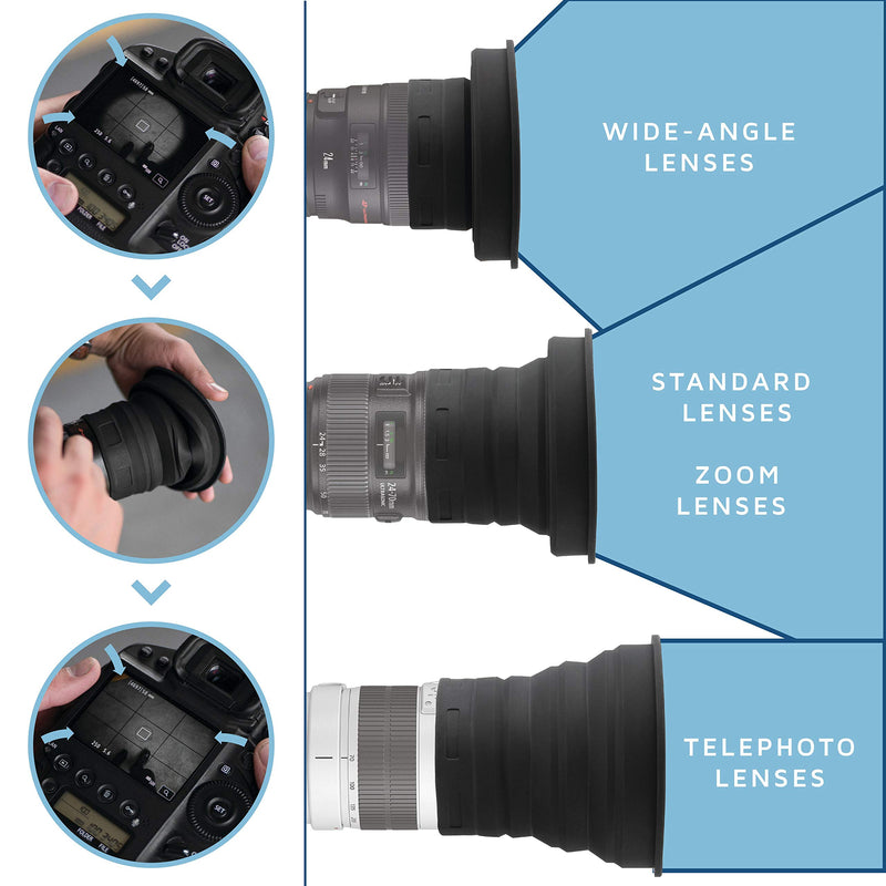 KUVRD - Universal Lens Hood - Fits 99% of Lenses, Holds 99% of Circular Filters, Fits 72-112mm, 2-Pack - (2 Medium) Medium - (M|72) - 2 Pack