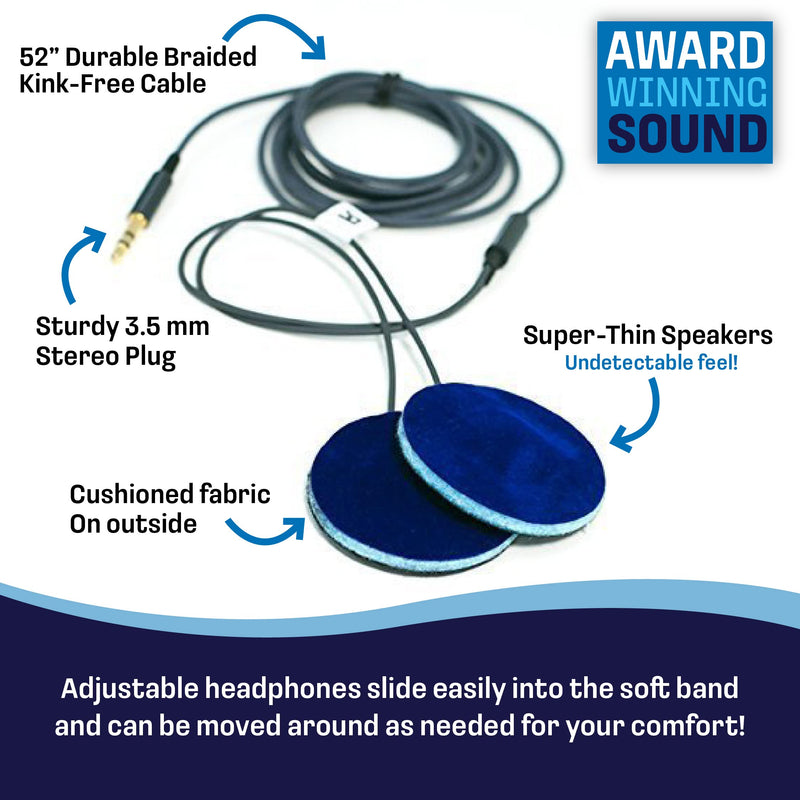 CozyPhones Over The Ear Headband Headphones - Sleep Headphones & Travel Bag, Lycra Cool Mesh Lining and Thin Speakers - Black with Blue Liner