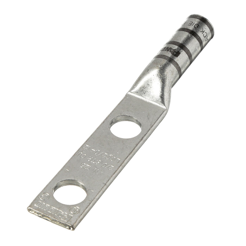 Panduit LCC750-12-6 Code Conductor Lug, Two Hole, Long Barrel, 750kcmil Copper Conductor Size, Black Color Code, 1/2" Stud Hole Size, 1.75" Stud Hole Spacing, 2-15/16" Wire Strip Length, 0.26" Tongue Thickness, 1.89" Tongue Width, 2.87" Neck Length, 7....