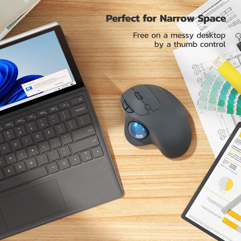 Wireless Trackball Mouse, Rechargeable Ergonomic Mouse, Easy Thumb Control, Precise & Smooth Tracking, 3 Device Connection (Bluetooth or USB), Compatible for PC, Laptop, iPad, Mac, Windows, Android Grey-Blue