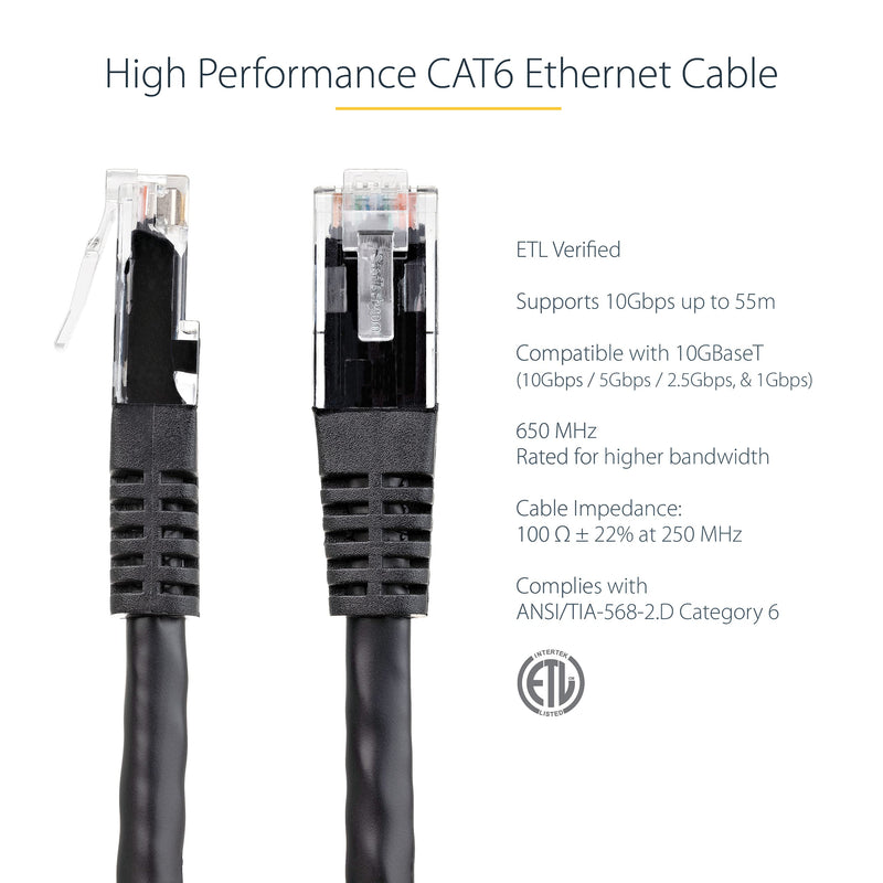 StarTech.com 6ft CAT6 Ethernet Cable - Black CAT 6 Gigabit Ethernet Wire -650MHz 100W PoE++ RJ45 UTP Molded Category 6 Network/Patch Cord w/Strain Relief/Fluke Tested UL/TIA Certified (C6PATCH6BK) 6 ft