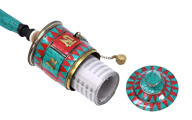 Hand Held Tibet Prayer Wheel – Tibetan Prayer Wheel Handheld Spinning Wheel with Om Mani Padme Hum Stone Inlay for Gifts Nepal Decor by Mudra Crafts