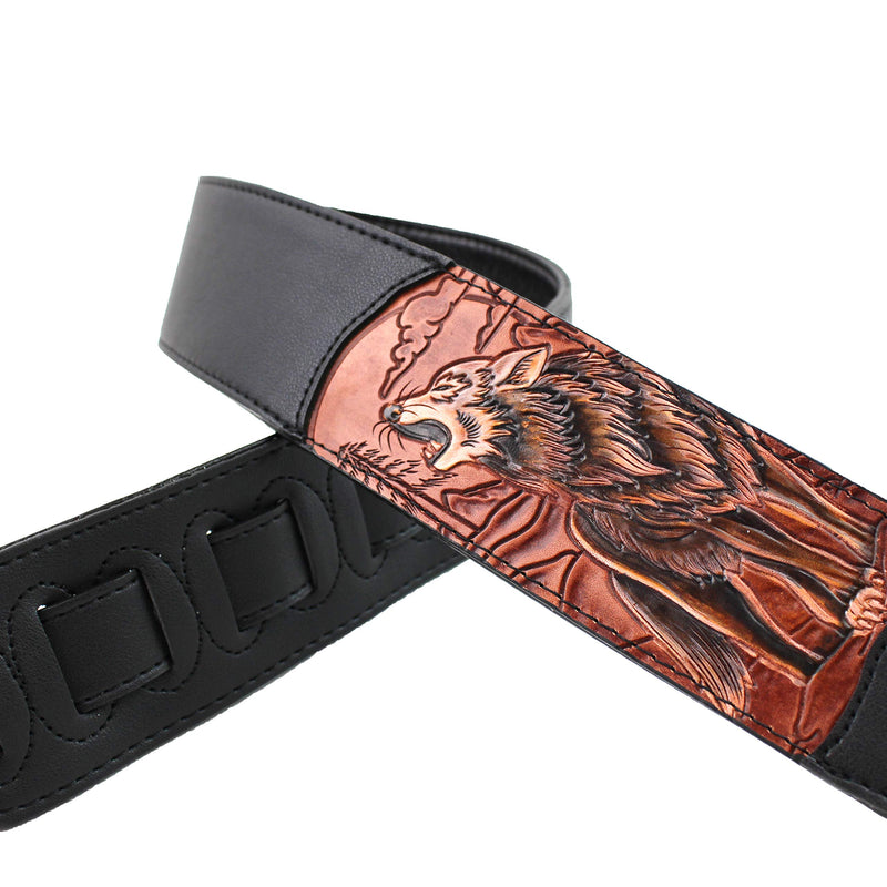 Walker & Williams CVG-WL-R Hand Carved Brick Red & Brown Howling Timber Wolf On Black Leather Strap