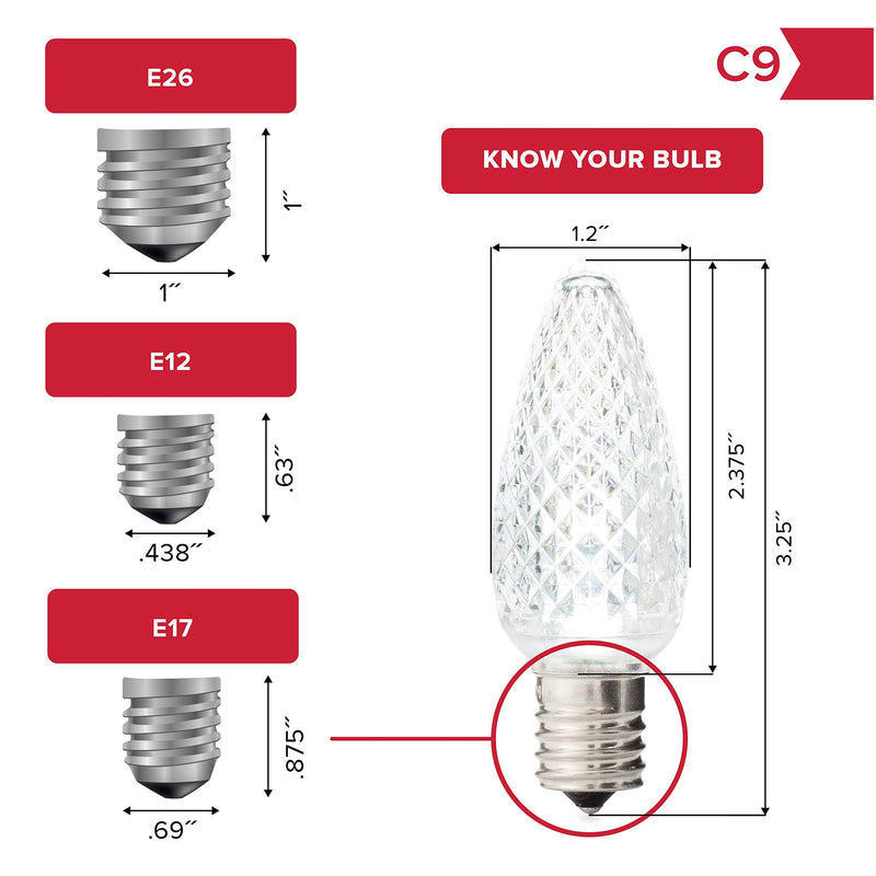 Holiday Lighting Outlet Faceted C9 Christmas Lights | Green LED Light Bulbs Holiday Decoration | Warm Christmas Decor for Indoor & Outdoor Use | 3 SMD LEDs in Each Light Bulb | Set of 25