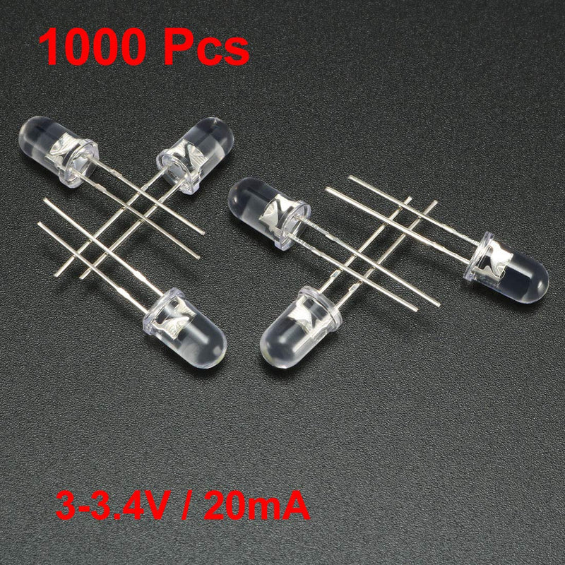 uxcell 1000pcs 5mm White LED Diode Lights Clear Round Transparent 3-3.4V 20mA Super Bright Lighting Bulb Lamps Electronic Component Light Emitting Diodes