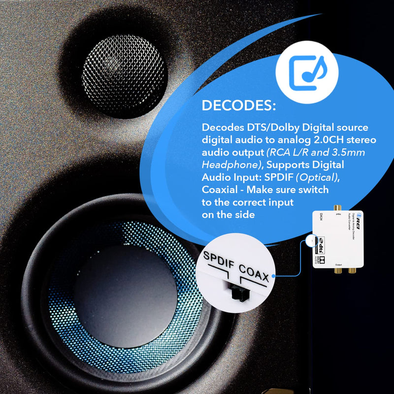 Digital to Analog Audio Decoder by OREI, Convert Decode Dolby Digital Audio SPDIF/Coaxial 5.1-Channel Input to RCA L/R/3.5mm Headphone Output Converter - DA34