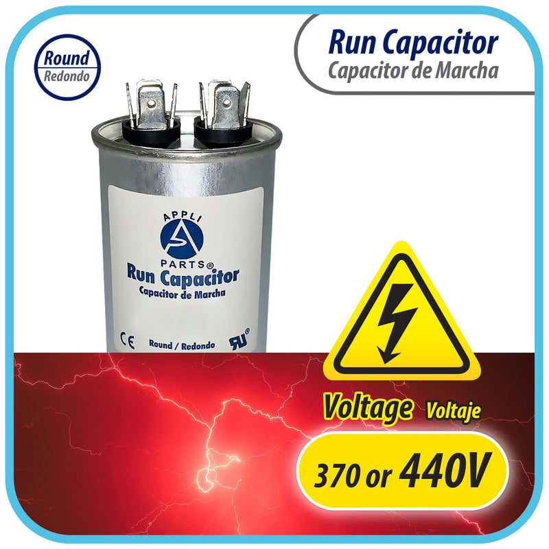 Appli Parts Run Capacitor for ac 10 Mfd uF (microfarads) 370 VAC or 450 VAC CBB65 Round Universal fit for hvac and other applications 3 in High 1-1/2 in Wide CON-10-450