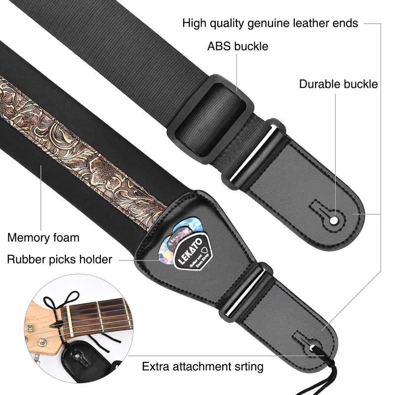 LEKATO Bass Guitar Strap for Bass & Electric Guitar with 3" Wide Guitar Strap Adjustable Length from 45" to 55" Bass Strap Padded with Pick Holder 2 Safety Strap Lock and 6 Picks Brown