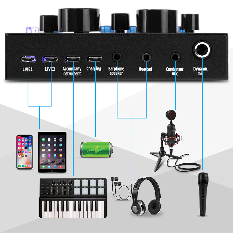 Pyle Bluetooth Mini Audio Podcast Mixer - Live Streaming for PC Computer iPhone Broadcasting | Voice Changer V8 Sound Card with 12 Sound Effects,3 Inputs, Mic Input (PKSCRD208) Podcast Mixer and Voice Changer
