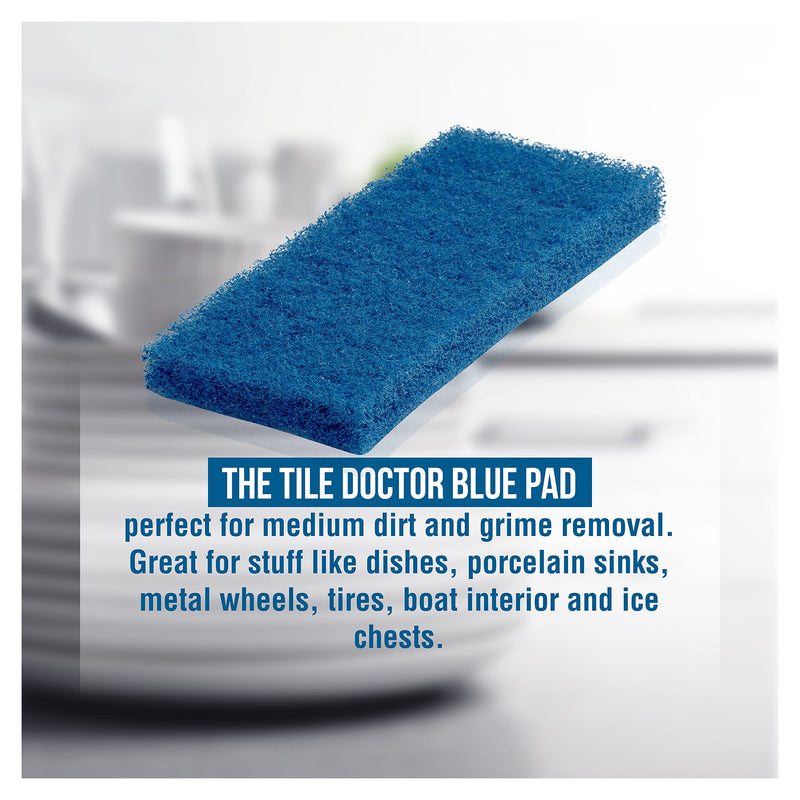 Blue 12 Pack The Scrub Dr. by The Tile Doctor Medium Duty XL Scouring Pad Large Multipurpose Scrubbing Pads and Sponges. Clean Kitchens, Bathrooms, Counters and Floors to Erase Grime and Surfaces Pack of 12