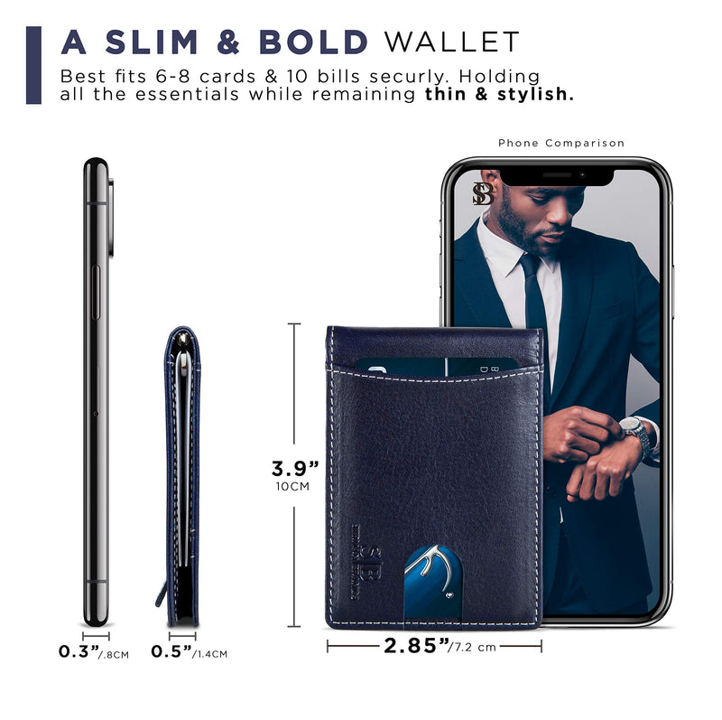 SERMAN BRANDS RFID Blocking Slim Bifold Genuine Leather Minimalist Front Pocket Wallets for Men with Money Clip Thin Mens Z. Atlantic Blue 1.0