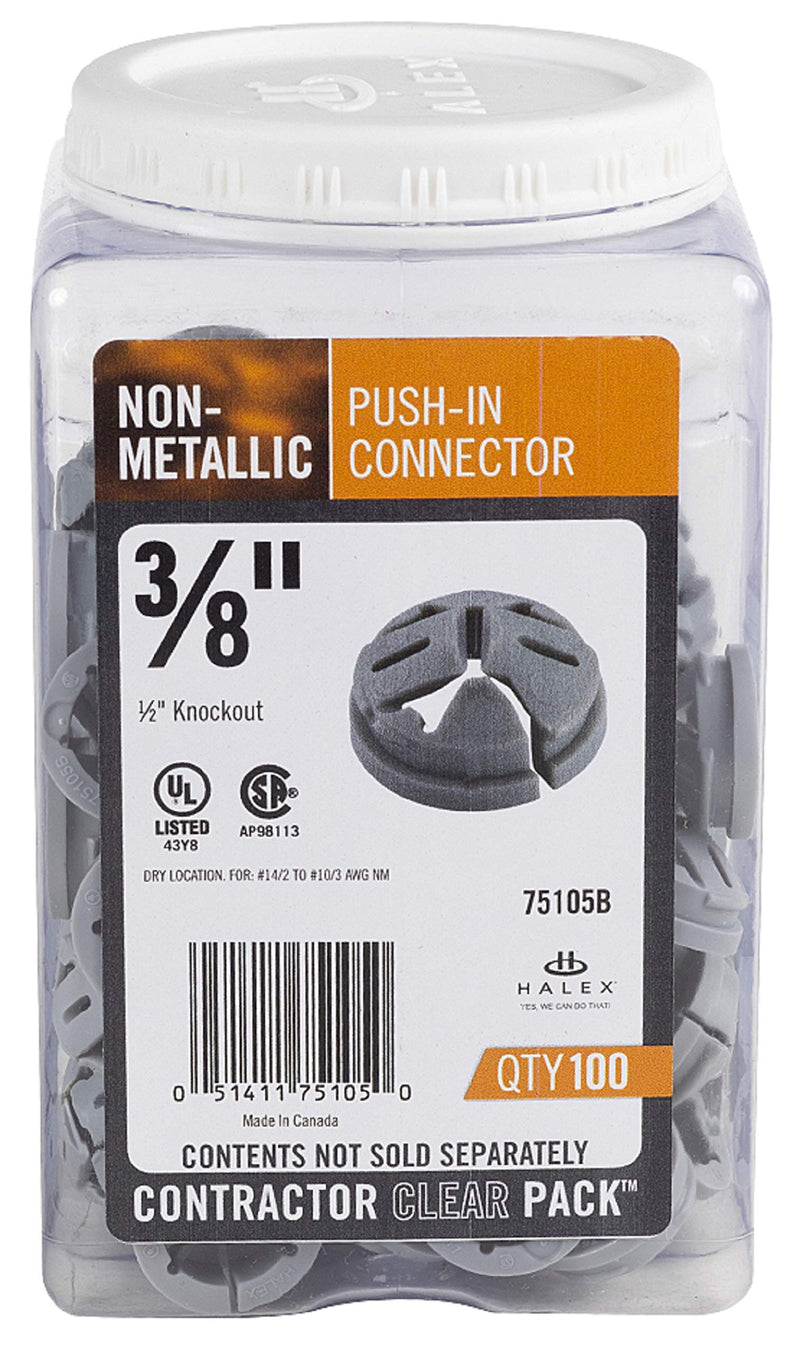 Halex, 3/8 in. - 1/2 in. Knockout Non-Metallic Push-In Connector , 75105B, 100 per pack , Gray 3/8" (1/2" KO) in. Trade Size, 100 Per Pack