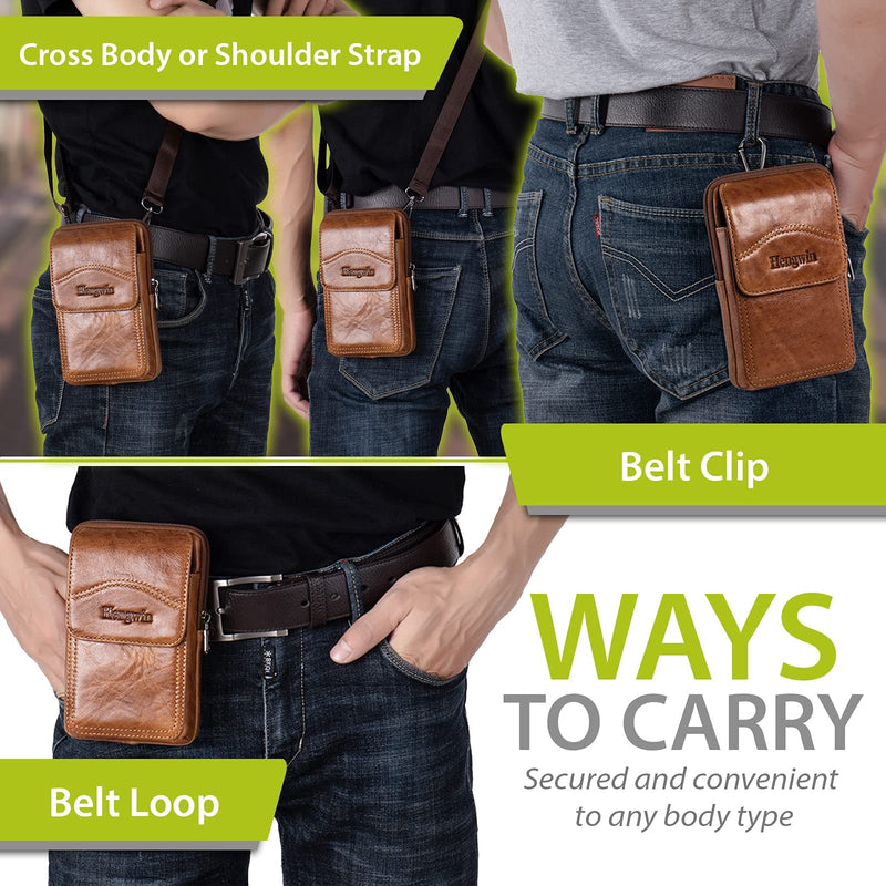 Hengwin Genuine Leather Phone Crossbody Bag Men Purse iPhone 11 Pro Max XS Max XR 8/7/6 Plus Samsung Galaxy S20+ S10+ S9+ S8+ Note 10+ 9 8 Holster Pouch Case with Belt Clip Loop Shoulder Strap (Brown) Brown