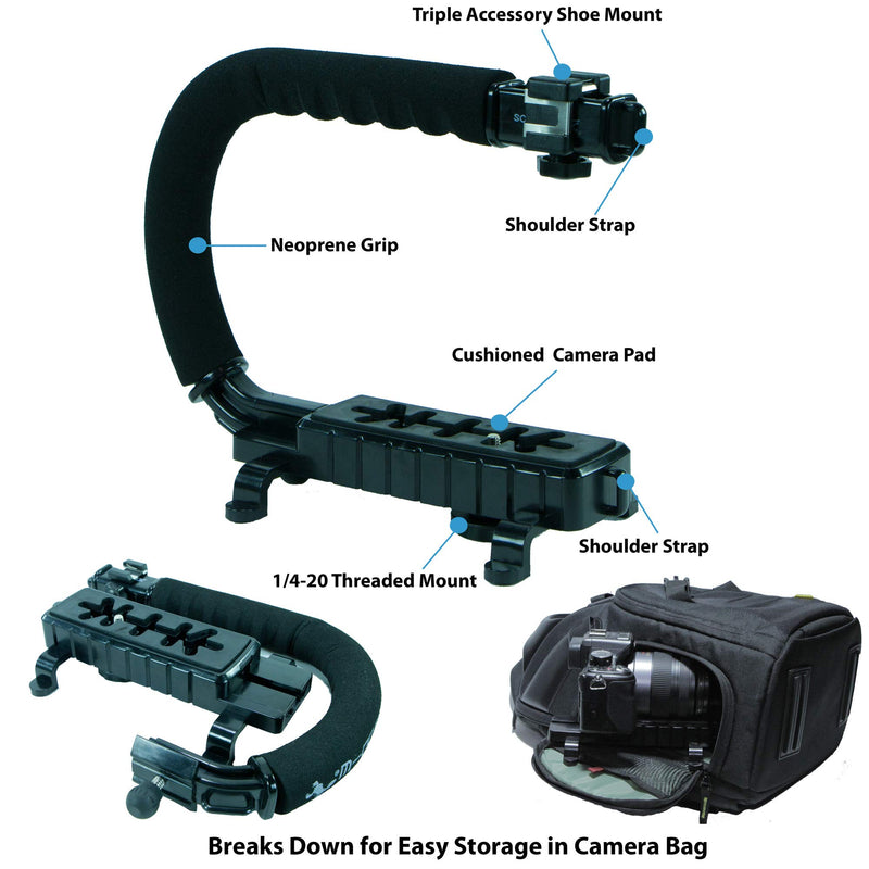 Cam Caddie Scorpion Jr Triple Shoe Camera Stabilizer - Collapsible Stabilizing Smartphone Handle Compatible with All DSLR, GoPro, Mobile Phones w/ 3-in-1 Integrated Cold Shoe - Black