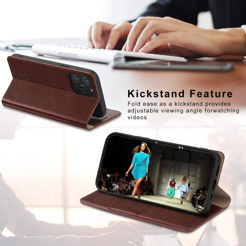 Belemay Compatible with iPhone 12/12 Pro Wallet Case 5G (6.1" 2020) Genuine Cowhide Leather Folio Flip Cover [RFID Blocking] Credit Card Holder [Soft TPU Shell] Kickstand Function Folding Case, Brown Brown (iPhone 12/12 Pro)