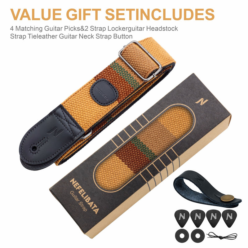 [AUSTRALIA] - Nefelibata Guitar Strap with Pick Pocket, 2 Inch Thicker Woven Guitar Straps with Double Full Grain Leather Ends for Bass, Electric and Acoustic Guitars (Free Guitar Accessory Set) Brown Stripes 