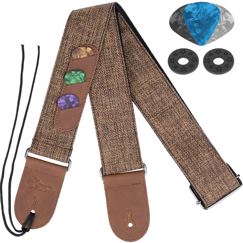Guitar Strap with Leather Ends and Pick Pocket for Electric Bass Guitar and Ukulele Acoustic Linen Style 2" Width, with Free Picks and Strap Saver Blocks (Linen Brown)