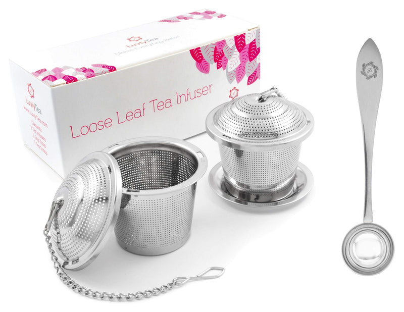 2 Pack Ultra Fine Loose Leaf Tea Ball Infuser Strainer Steeper, Including Tea Scoop, Drip Trays, Long Chain Handle for Easy Brewing All Fine Teas, Spices and Seasonings. Classic (Set of 2)