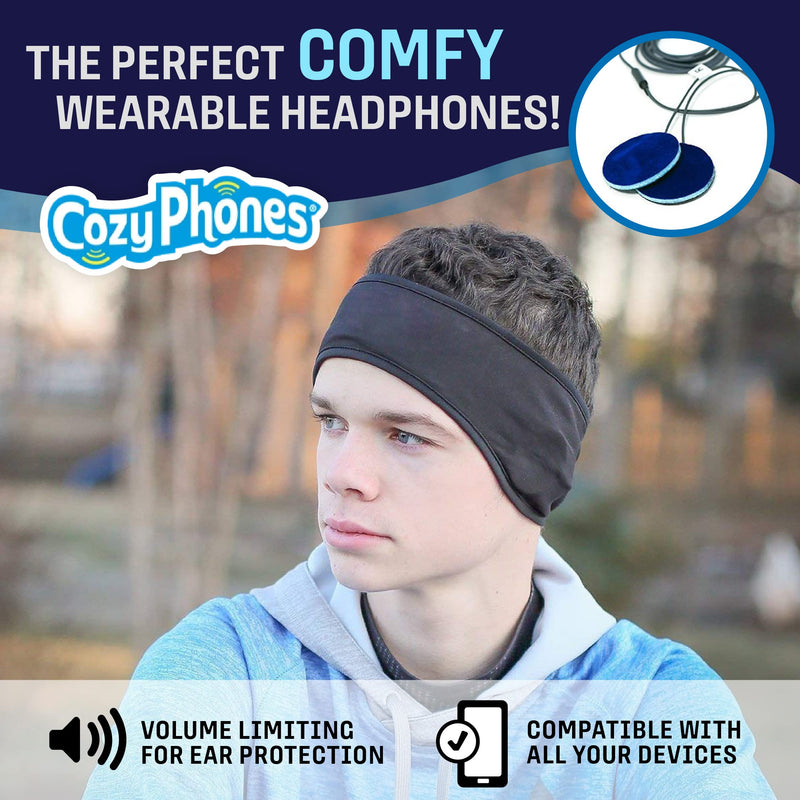 CozyPhones Over The Ear Headband Headphones - Sleep Headphones & Travel Bag, Lycra Cool Mesh Lining and Thin Speakers - Black with Blue Liner