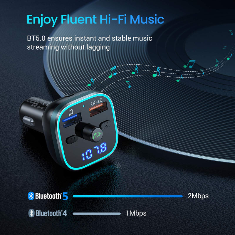 Bluetooth FM Transmitter for Car, BT 5.0 &QC3.0 Wireless Bluetooth FM Audio Adapter Music Player Car Kit with LED Backlit, Hands-Free Calling, 2 USB Ports, Hi-Fi Music, Support U Disk/TF Card