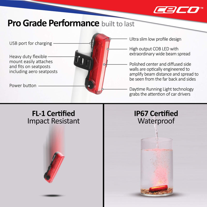 CECO-USA: 80 Lumen USB Rechargeable Bike Tail Light - Super Wide & Bright Model TC80 Bicycle Rear Light - IP67 Waterproof, FL-1 Impact Resistant - COB LED Red Safety Light - Pro Grade Bike Tail Light