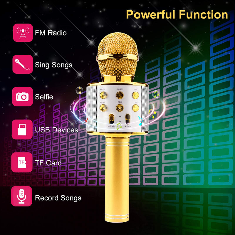 Wireless Bluetooth Karaoke Microphone, 3 in 1 Portable Microphone, Bluetooth Microphone and Speaker, Car Karaoke Microphone, Wireless Karaoke Microphone for Kids, Adults, Party, Home KTV YouTube-Gold Gold